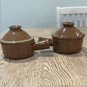 Vintage Stoneware Brown Pottery Lidded Crocks- Set of 2